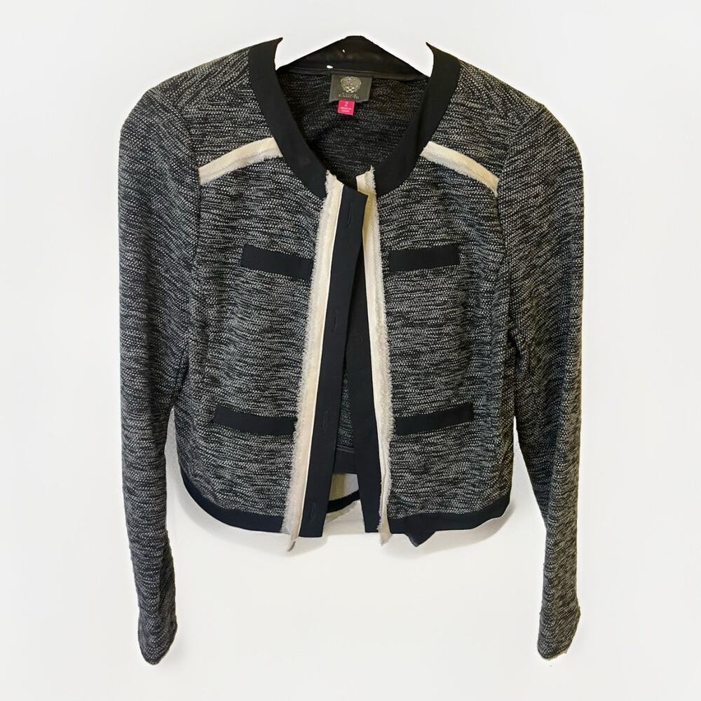 Vince Camuto Jacket Women’s 2 Black Gray Open Front Stretch Knit Fringe Blazer